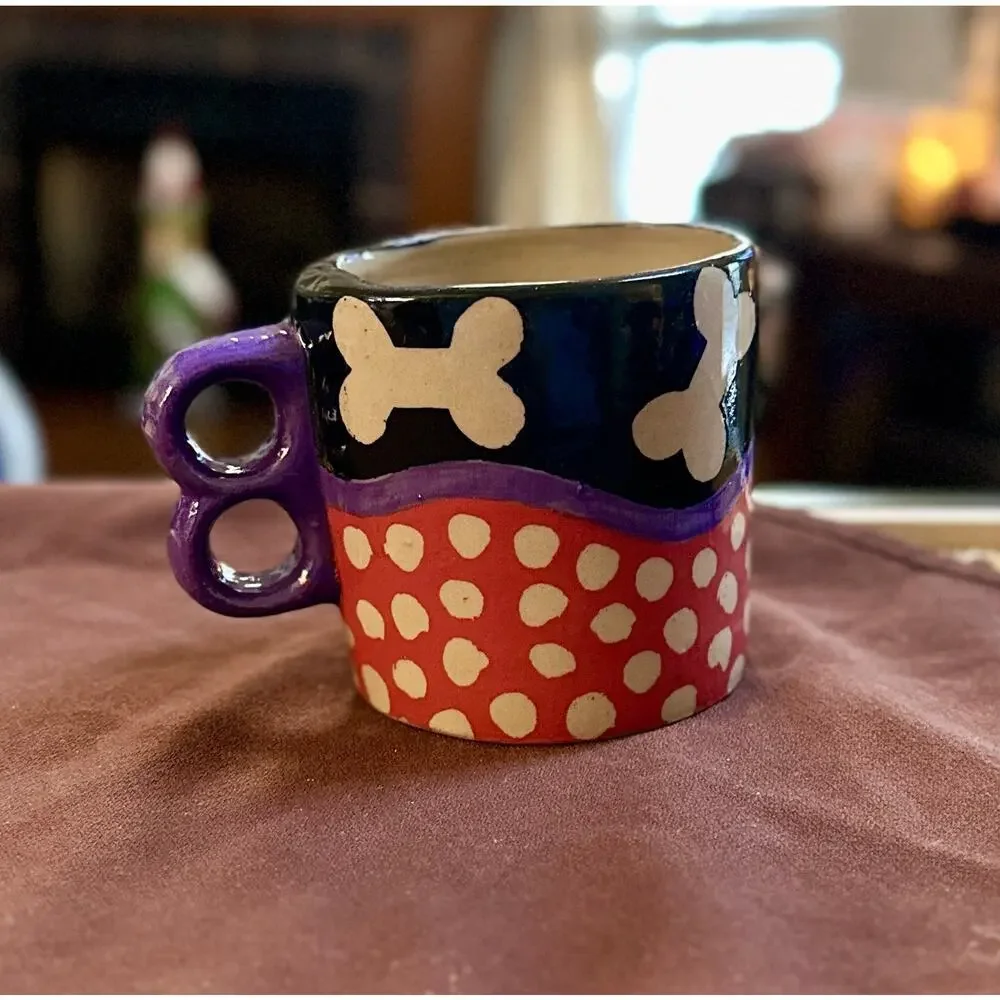 Hand Painted Pottery Stoneware Mug Cup Dog Bone & Polka Dot Signed MMB By Artist